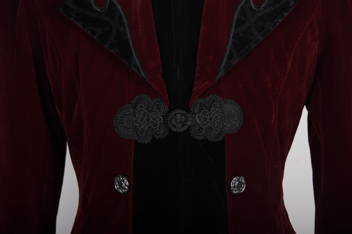 Close-up of a stylish burgundy velvet steampunk coat with decorative black buttons and intricate details.