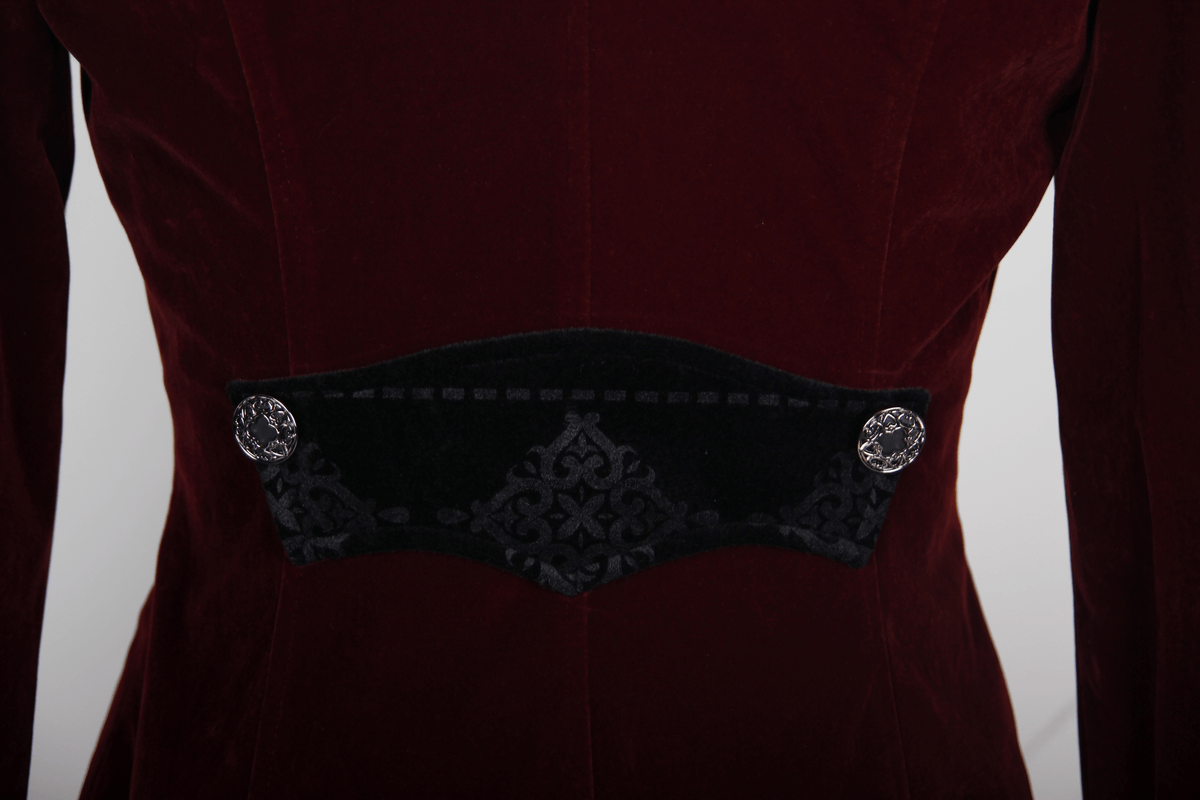 Close-up of the stylish black trim and buttons on a men's burgundy velvet steampunk coat.