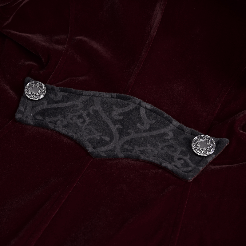 Close-up of steampunk male burgundy velvet coat featuring stylish retro buttons and intricate detailing.