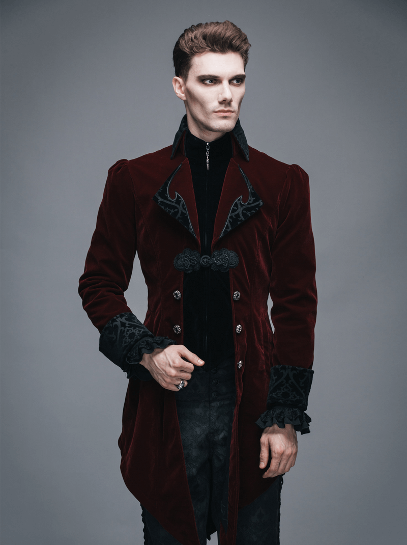 Steampunk male model showcasing a burgundy velvet coat with stylish retro buttons and gothic details.