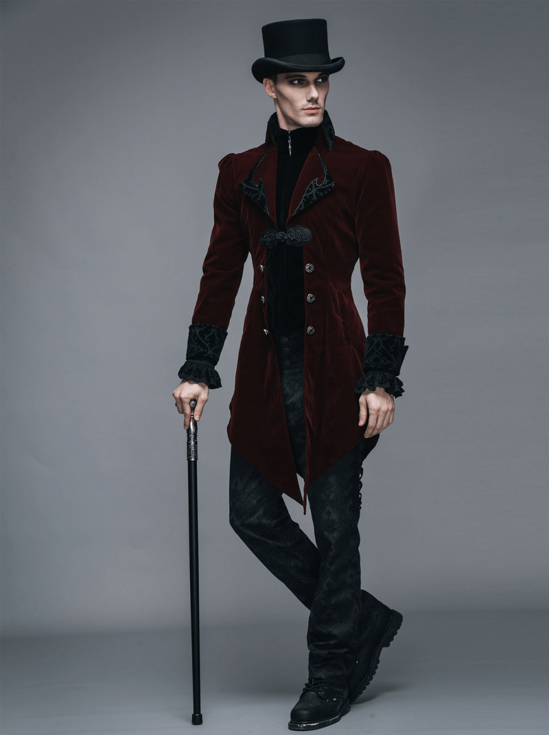 Steampunk male in burgundy velvet coat and top hat, embodying gothic fashion with stylish decor and retro buttons.
