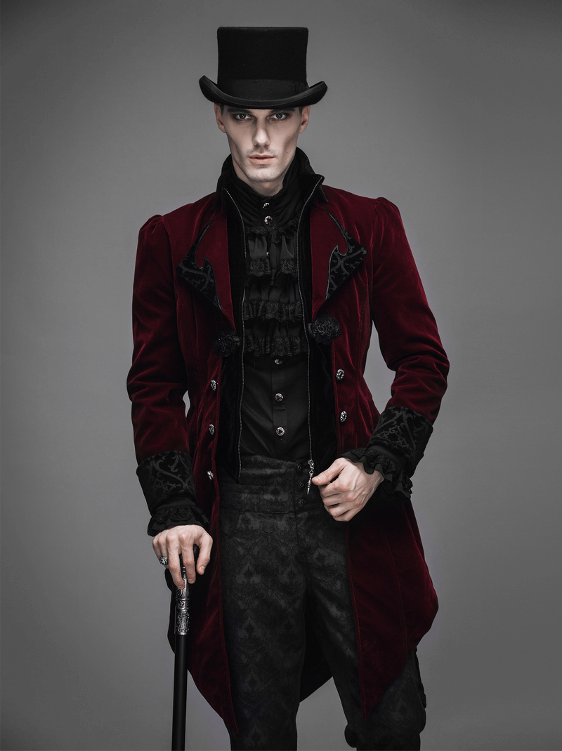 Stylish man in a burgundy velvet steampunk coat and top hat, exuding vintage gothic elegance.