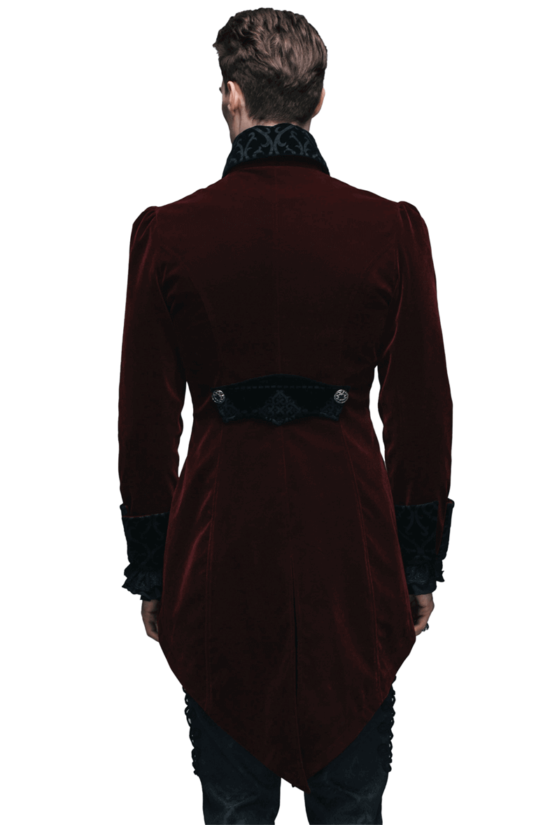 Back view of a steampunk male burgundy velvet coat showcasing its luxurious design and stylish decor.