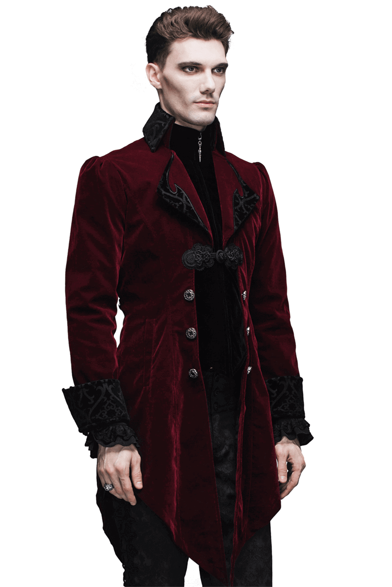 Steampunk male model in burgundy velvet coat showcasing gothic style and retro button details.
