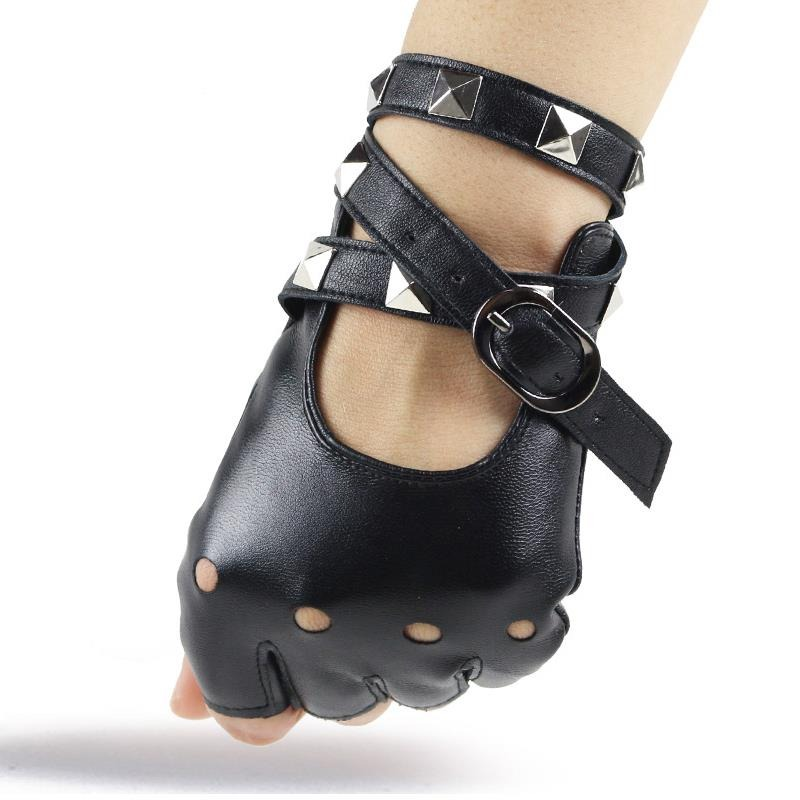 Steampunk Rivets PU Leather Gloves / Rock Style Fingerless Gloves for Women - HARD'N'HEAVY