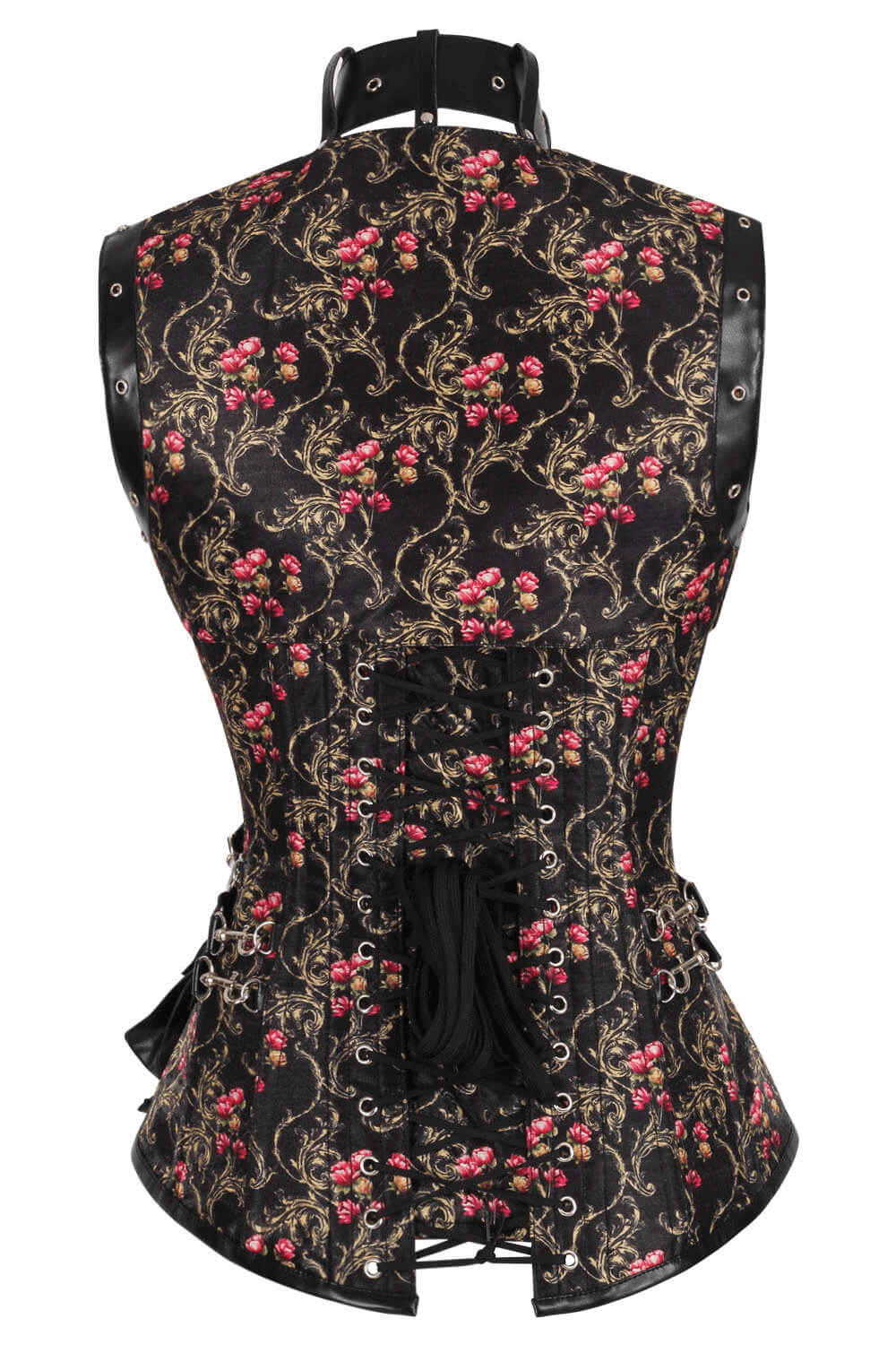 Alt Tag: Steampunk Rose Baroque Overbust Corset with Shrug Vest back view, black gold scroll & red rose print, lace-up steel-boned