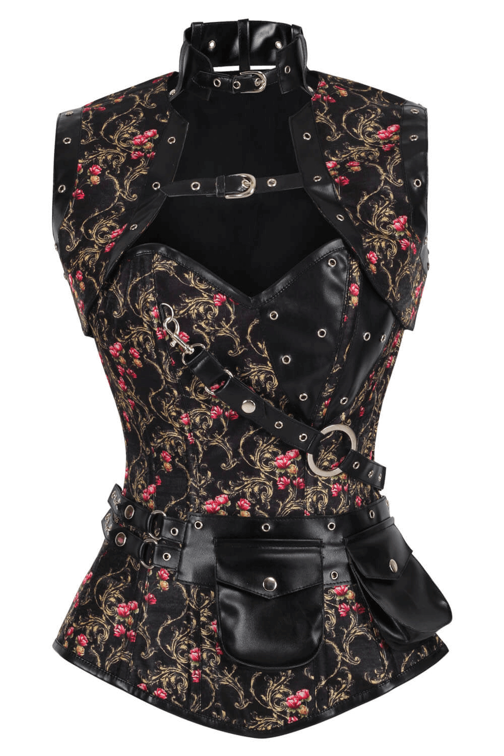 Alt Tag: Steampunk Rose Baroque Overbust Corset with Shrug Vest black gold scroll rose print, steel boning, zipper, lacing, pouch belt