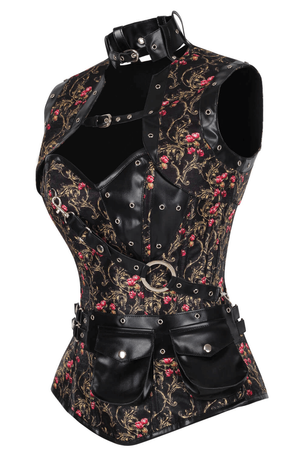 Alt Tag: Steampunk Rose Baroque Overbust Corset with Shrug Vest black gothic waist cincher, gold baroque scroll & rose print, pouch belt