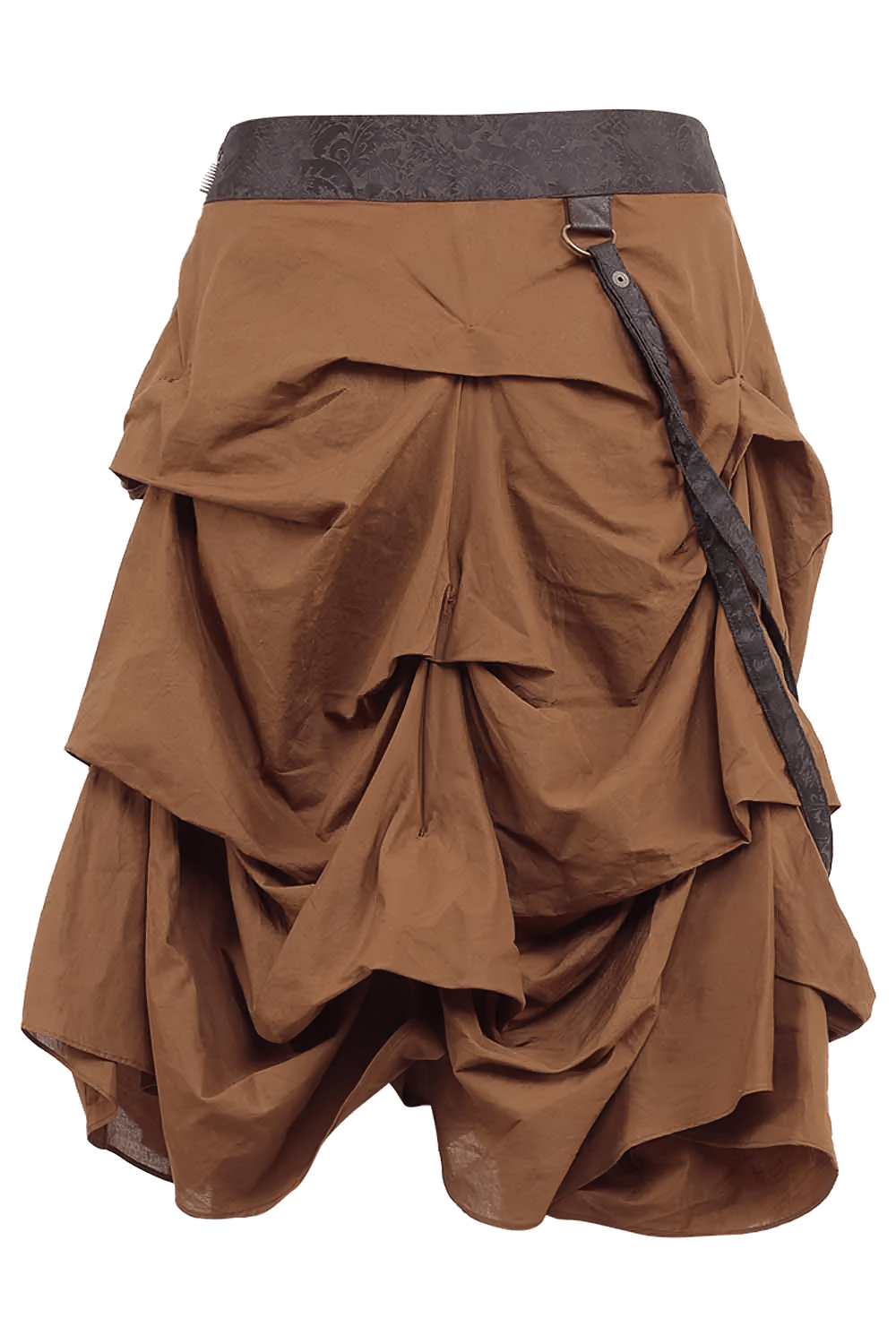 Alt Tag: Steampunk Ruched Bustle Skirt with Layered Draped Panels brown ruched Victorian skirt with layered draped panels, asymmetrical hem