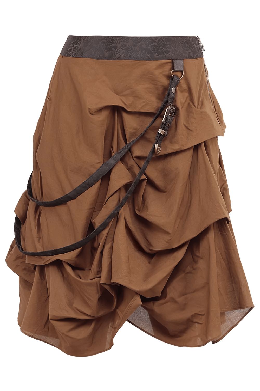 Alt Tag: Steampunk Ruched Bustle Skirt with Layered Draped Panels tan brown Victorian gothic skirt with layered draped panels, asymmetrical hem