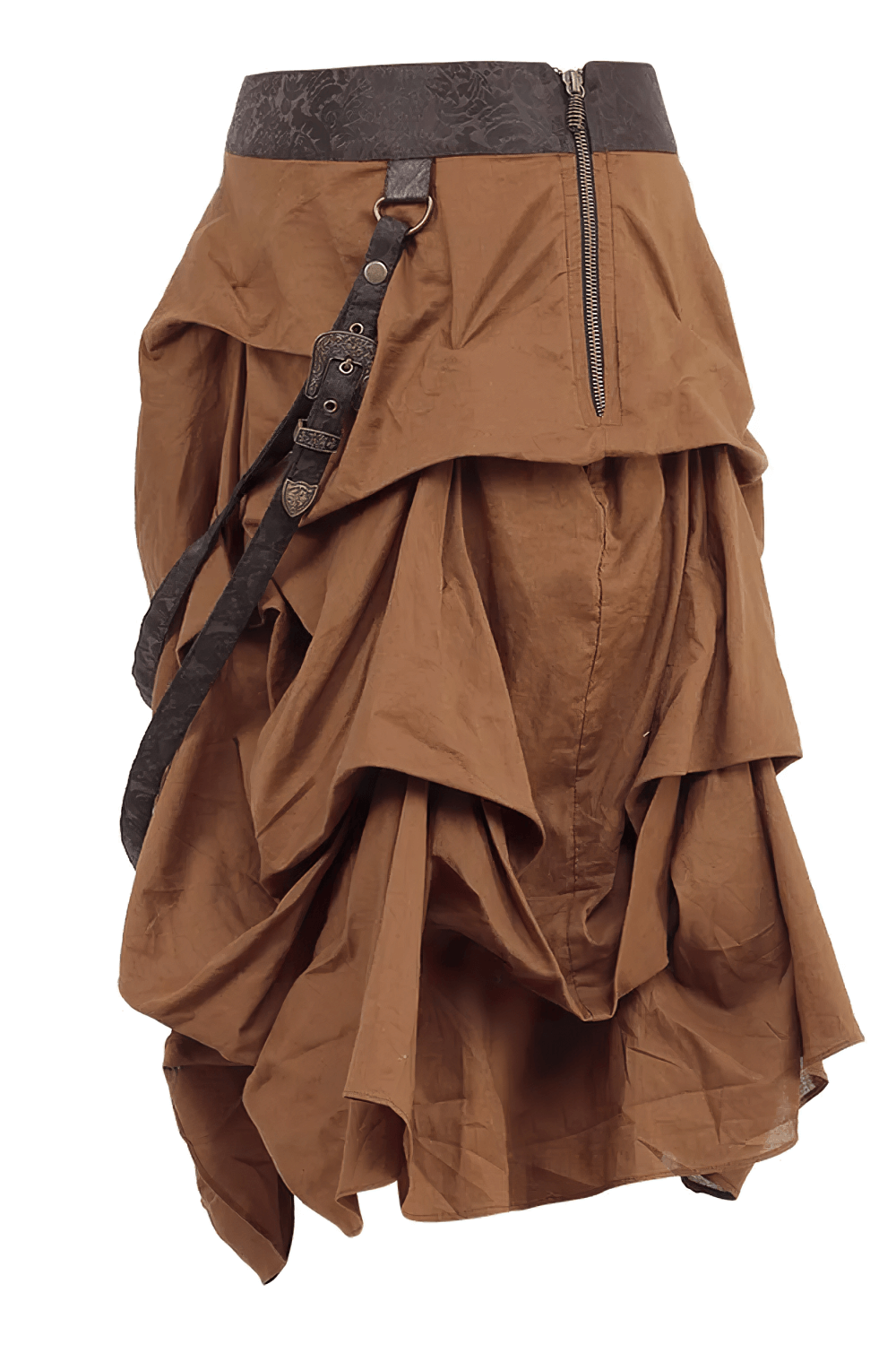 Alt Tag: Steampunk Ruched Bustle Skirt with Layered Draped Panels tan brown Victorian gothic ruched drape asymmetrical hem side zipper