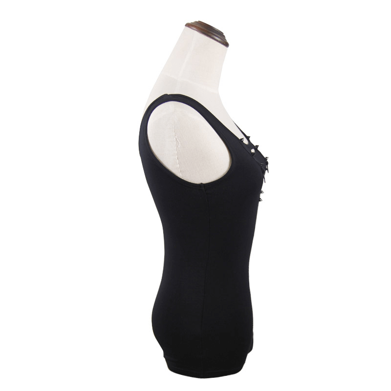 Stylish black steampunk tank top for women with spikes, showcasing a form-fitting design from the side.
