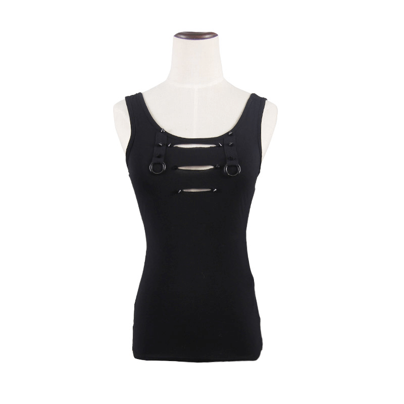 Steampunk sexy black tank top for women with spikes and creative strap design, perfect for gothic fashion.