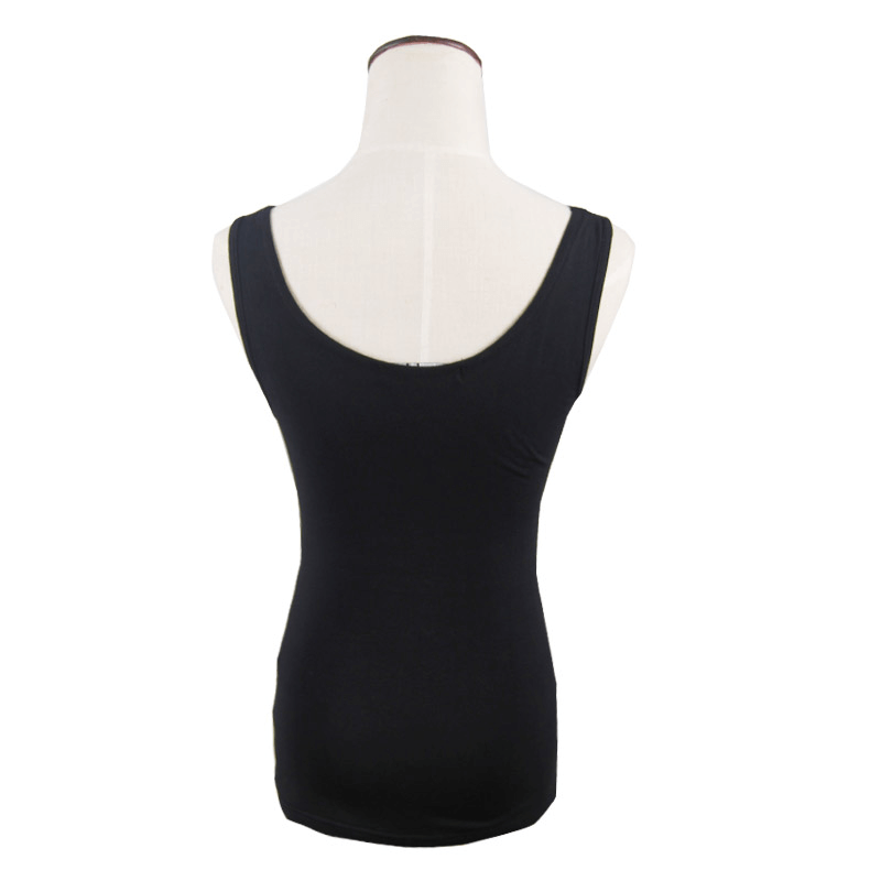 Back view of women's black steampunk tank top with form-fitting cut and sleek design.