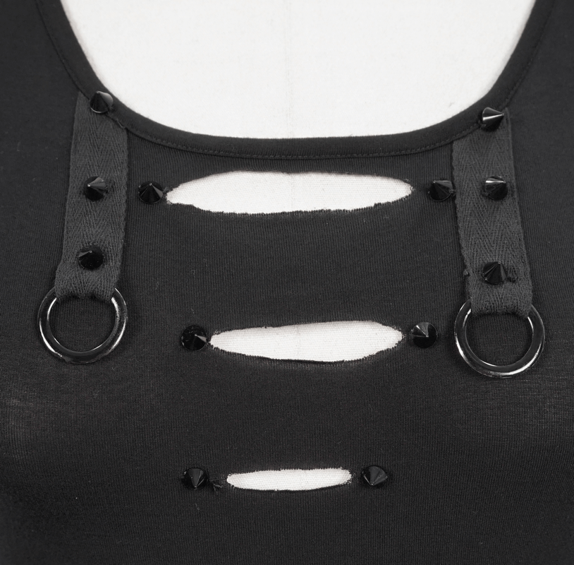 Close-up of a black steampunk tank top featuring decorative spikes and ring accents.