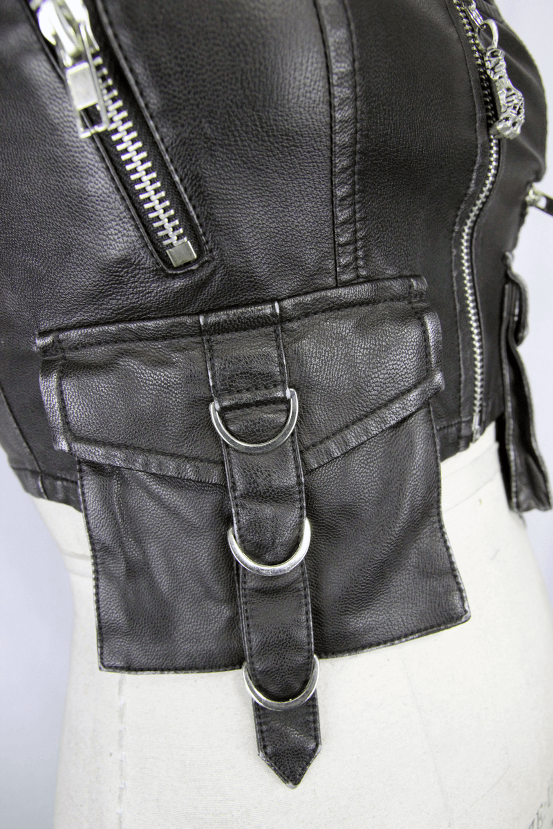 Close-up of a stylish black PU leather vest for women showing detailed pockets and silver zipper accents.