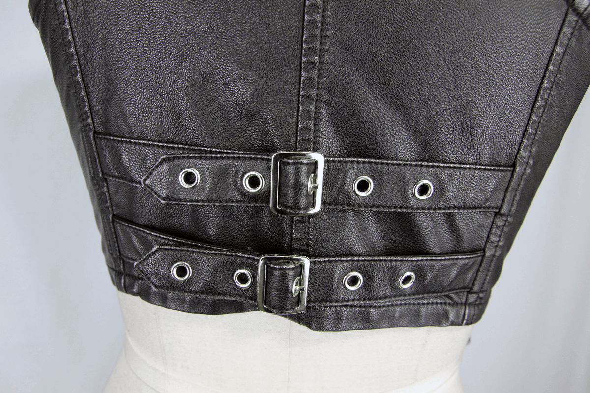 Back view of steampunk black PU leather vest featuring stylish buckles and grommet details.