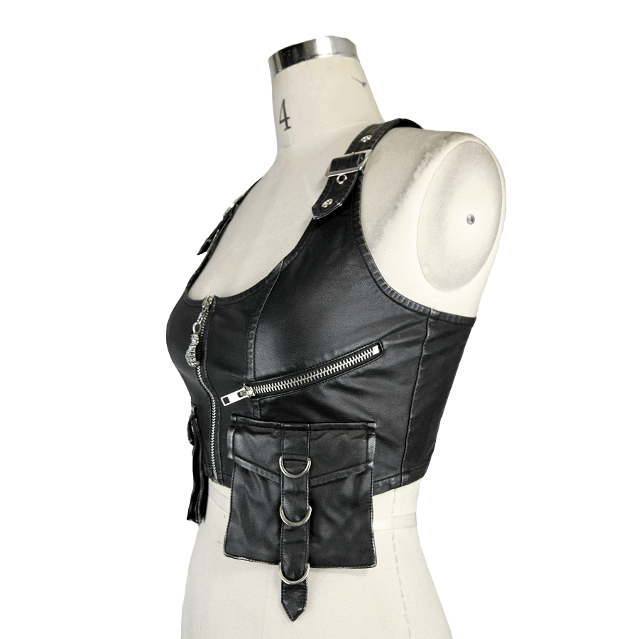 Stylish women's steampunk black PU leather vest with pockets and silver zipper, perfect for edgy fashion.