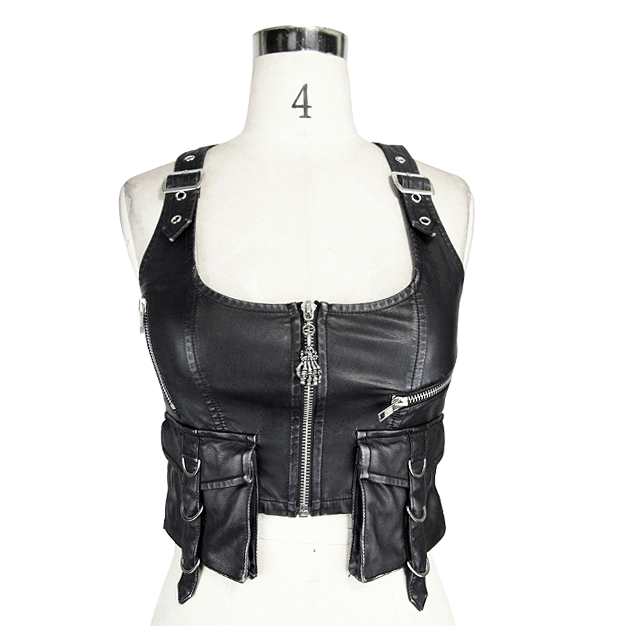 Stylish women's black PU leather vest in steampunk style with zipper and pockets, perfect for edgy outfits.