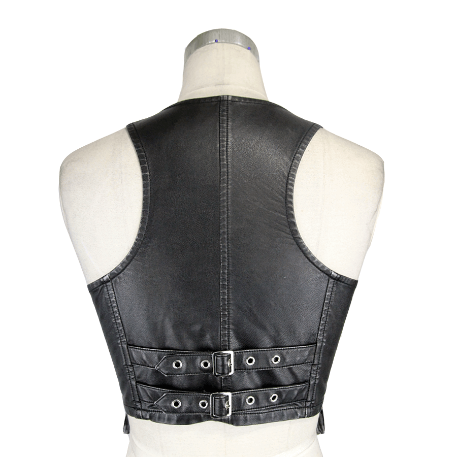 Back view of a stylish black PU leather steampunk vest for women with adjustable straps and a sleek cut.