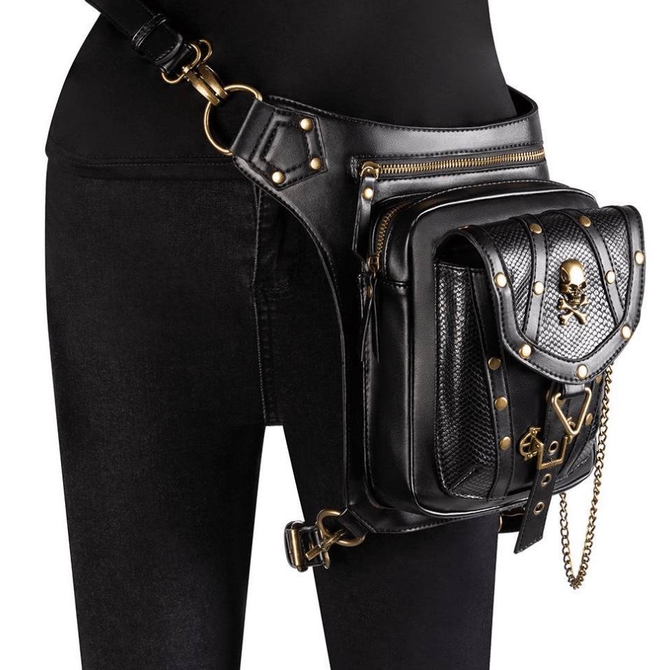 Steampunk Single Shoulder Bag With Chains / Outdoor Skull Bike Motorcycle Waist Bags - HARD'N'HEAVY