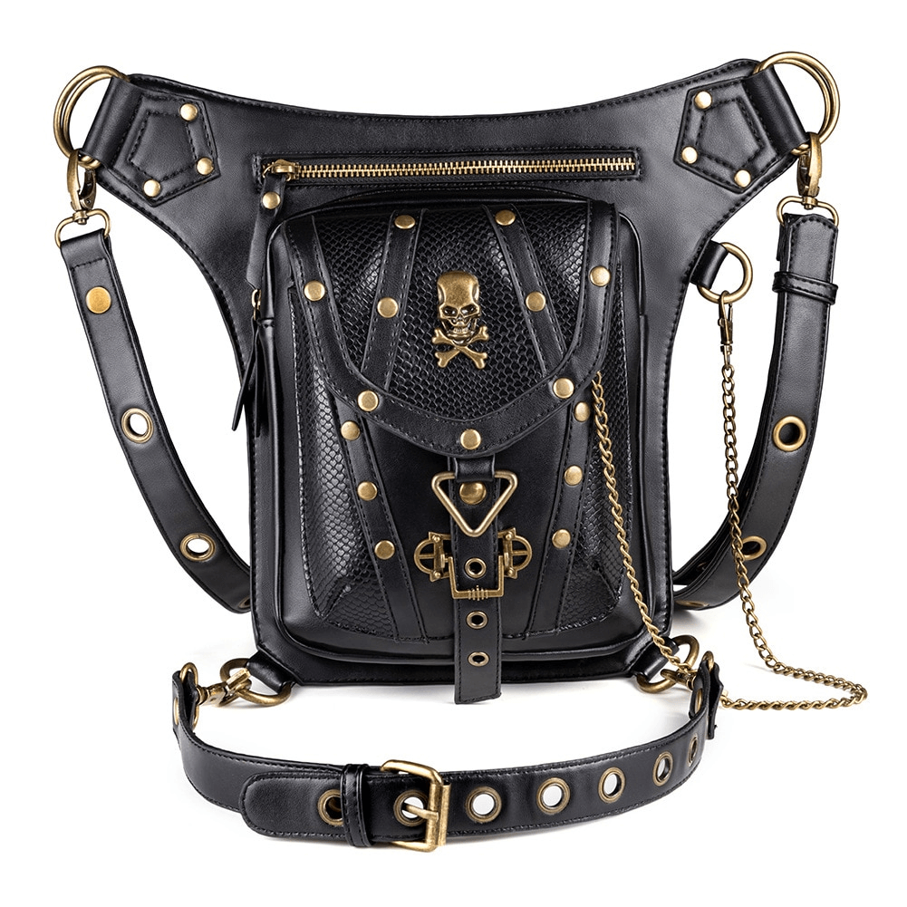 Steampunk Single Shoulder Bag With Chains / Outdoor Skull Bike Motorcycle Waist Bags - HARD'N'HEAVY