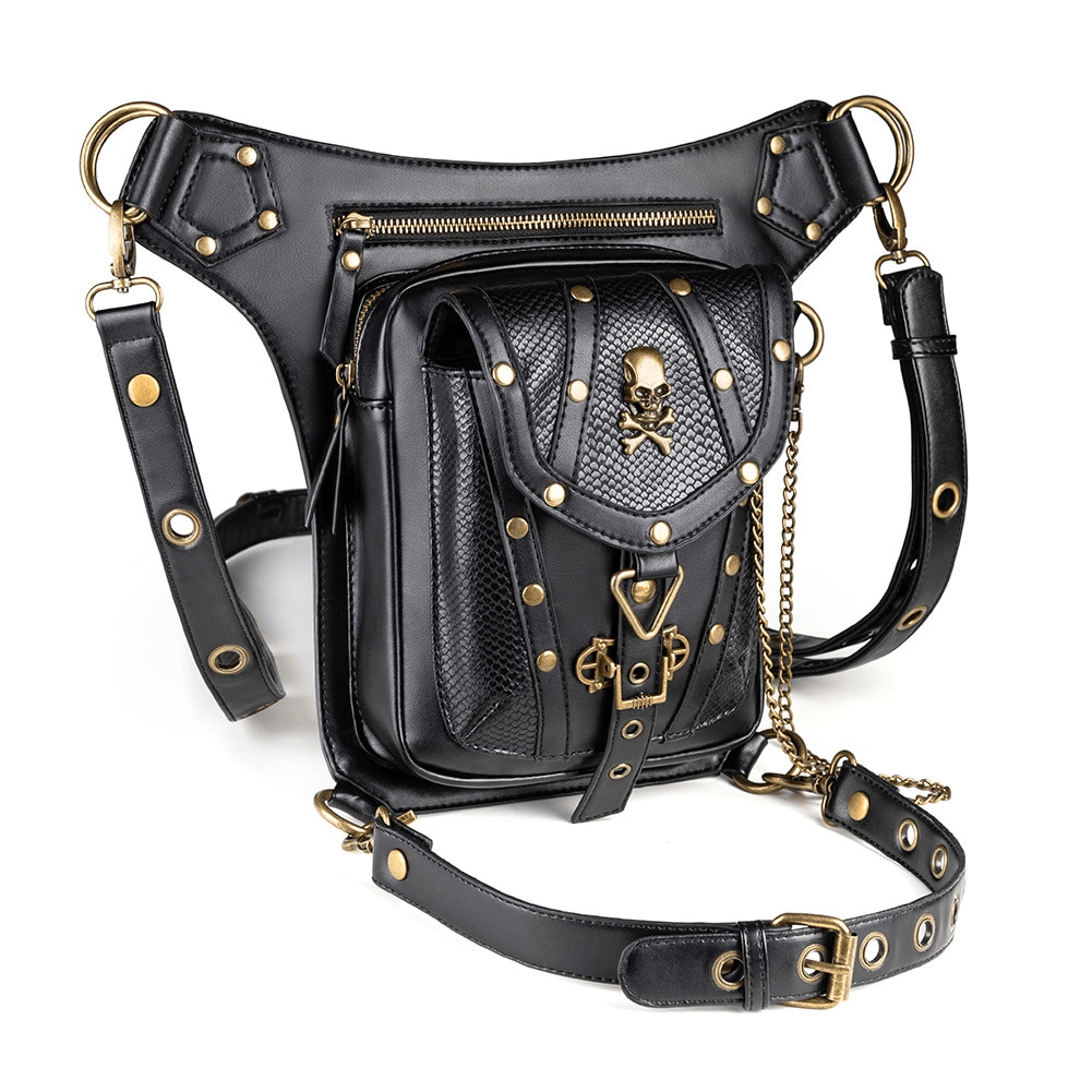 Steampunk Single Shoulder Bag With Chains / Outdoor Skull Bike Motorcycle Waist Bags - HARD'N'HEAVY