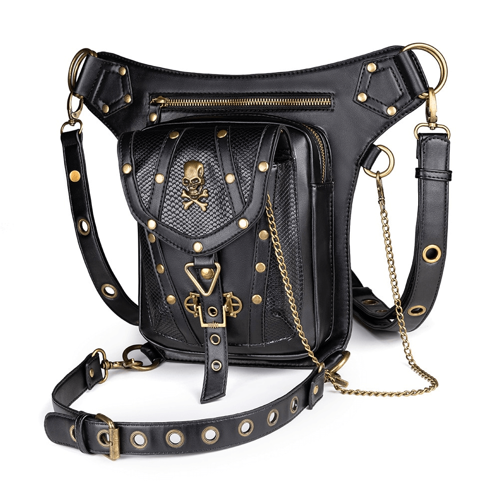 Steampunk Single Shoulder Bag With Chains / Outdoor Skull Bike Motorcycle Waist Bags - HARD'N'HEAVY