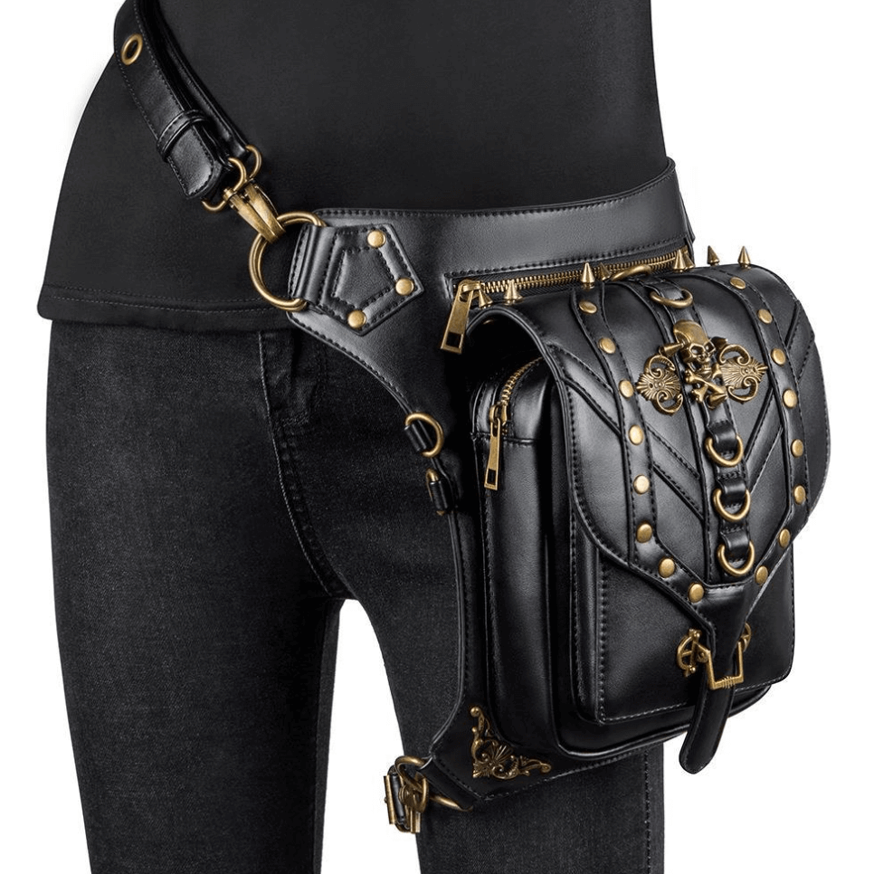 Steampunk Skull Rivets Waist Leg Bag / Gothic Rock Spiked Messenger Bag - HARD'N'HEAVY