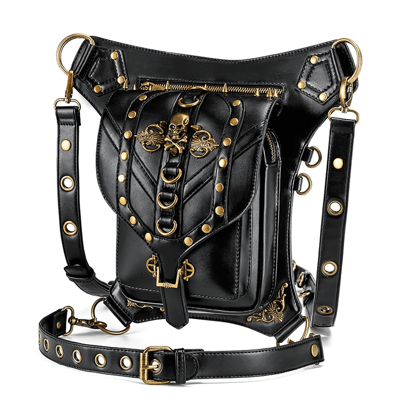Steampunk Skull Rivets Waist Leg Bag / Gothic Rock Spiked Messenger Bag - HARD'N'HEAVY