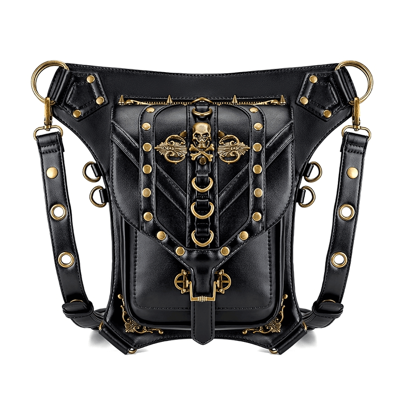 Steampunk Skull Rivets Waist Leg Bag / Gothic Rock Spiked Messenger Bag - HARD'N'HEAVY