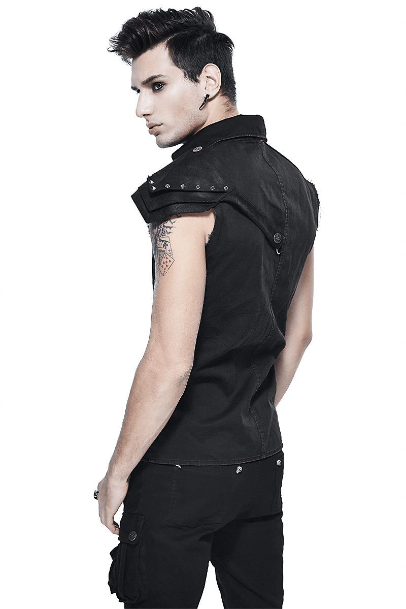 Steampunk Sleeveless Shirt with Detachable Shoulder / Vintage Turn-Down Collar Black Shirt - HARD'N'HEAVY