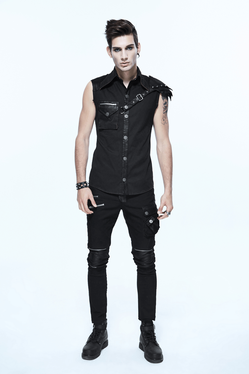 Steampunk Sleeveless Shirt with Detachable Shoulder / Vintage Turn-Down Collar Black Shirt - HARD'N'HEAVY