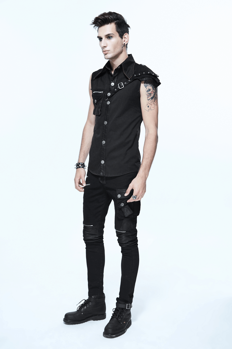 Steampunk Sleeveless Shirt with Detachable Shoulder / Vintage Turn-Down Collar Black Shirt - HARD'N'HEAVY