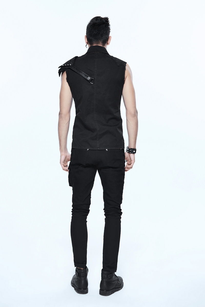 Steampunk Sleeveless Shirt with Detachable Shoulder / Vintage Turn-Down Collar Black Shirt - HARD'N'HEAVY