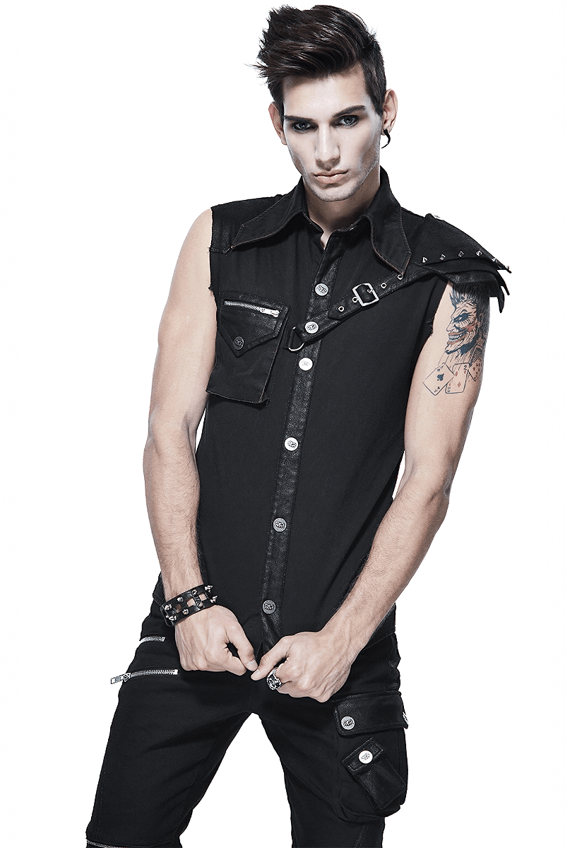 Steampunk Sleeveless Shirt with Detachable Shoulder / Vintage Turn-Down Collar Black Shirt - HARD'N'HEAVY