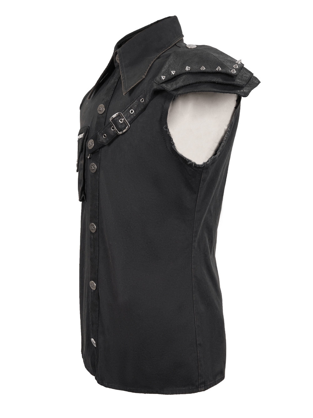 Steampunk Sleeveless Shirt with Detachable Shoulder / Vintage Turn-Down Collar Black Shirt - HARD'N'HEAVY