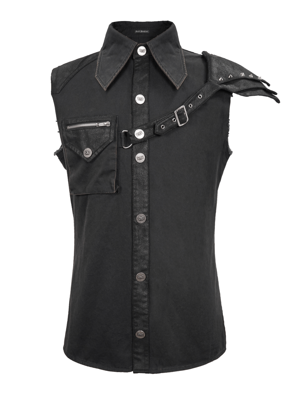 Steampunk Sleeveless Shirt with Detachable Shoulder / Vintage Turn-Down Collar Black Shirt - HARD'N'HEAVY