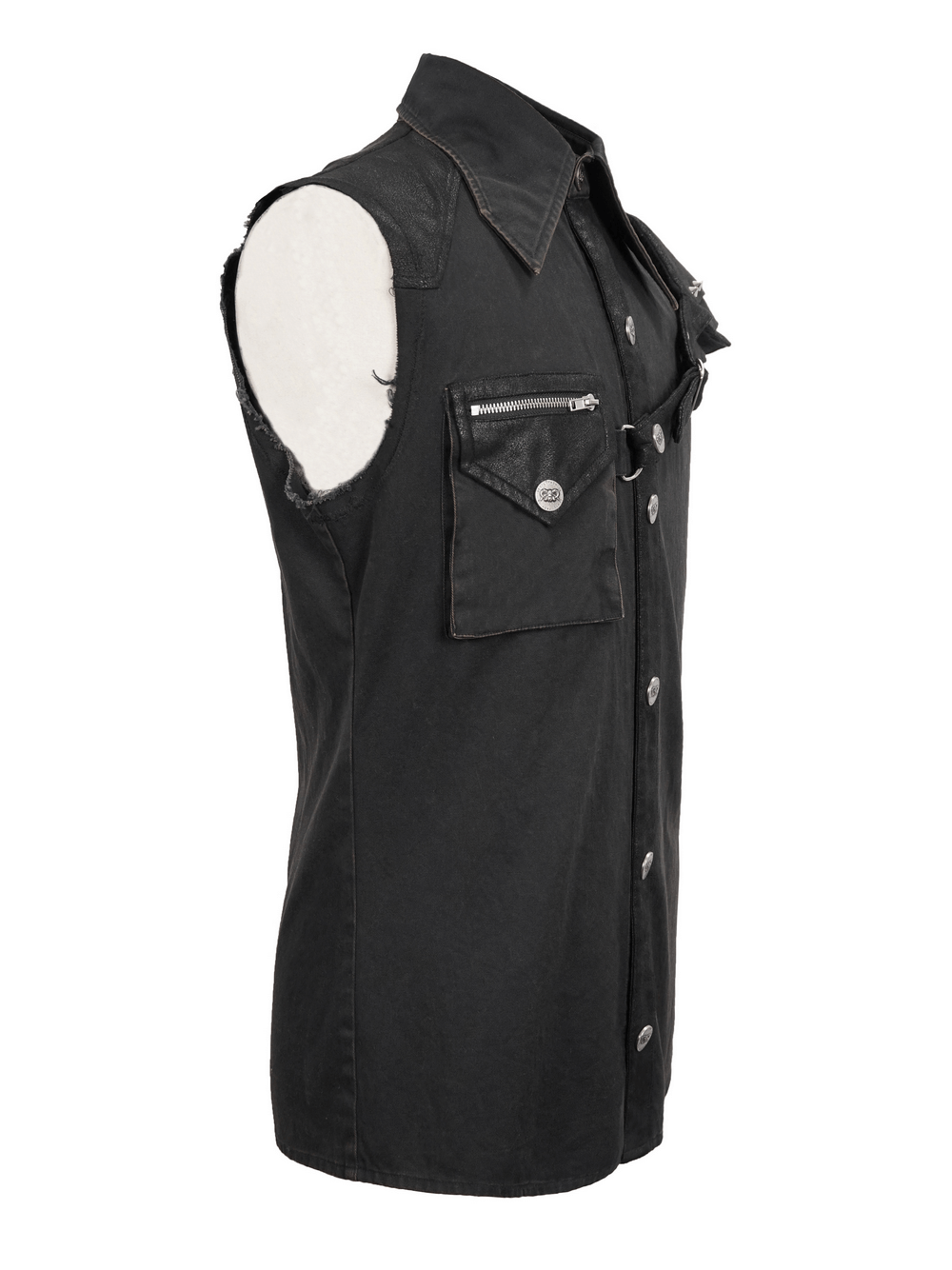 Steampunk Sleeveless Shirt with Detachable Shoulder / Vintage Turn-Down Collar Black Shirt - HARD'N'HEAVY