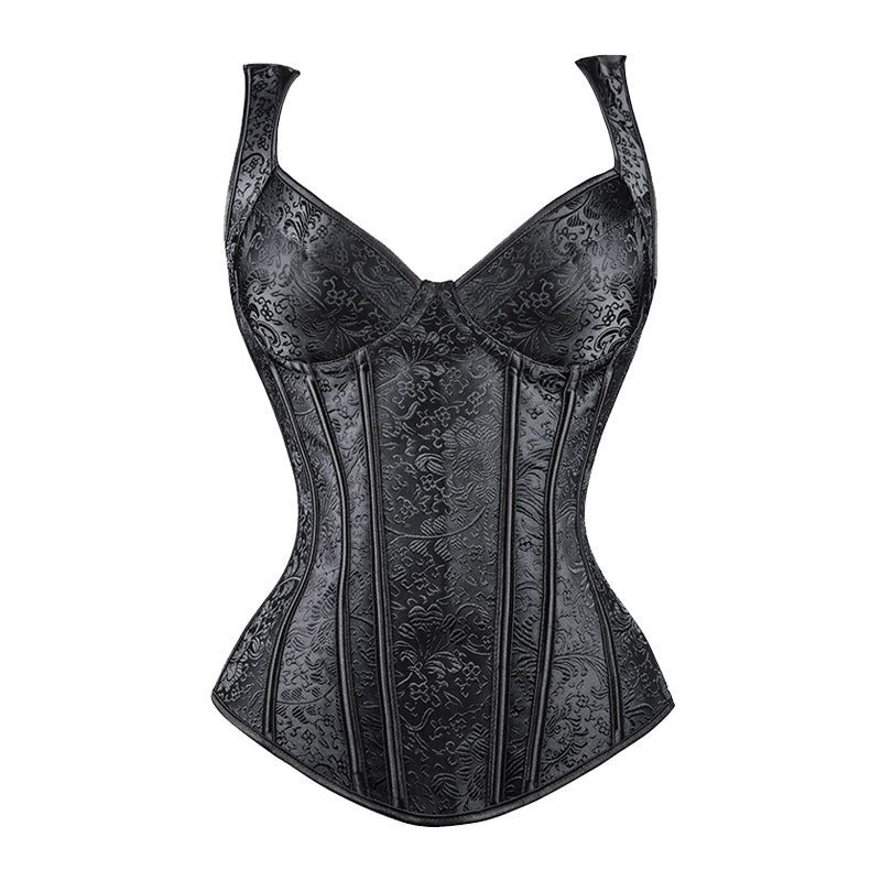 Steampunk steel boned corset with lace-up back in gothic style for women, featuring decorative front plaque and comfortable fit.