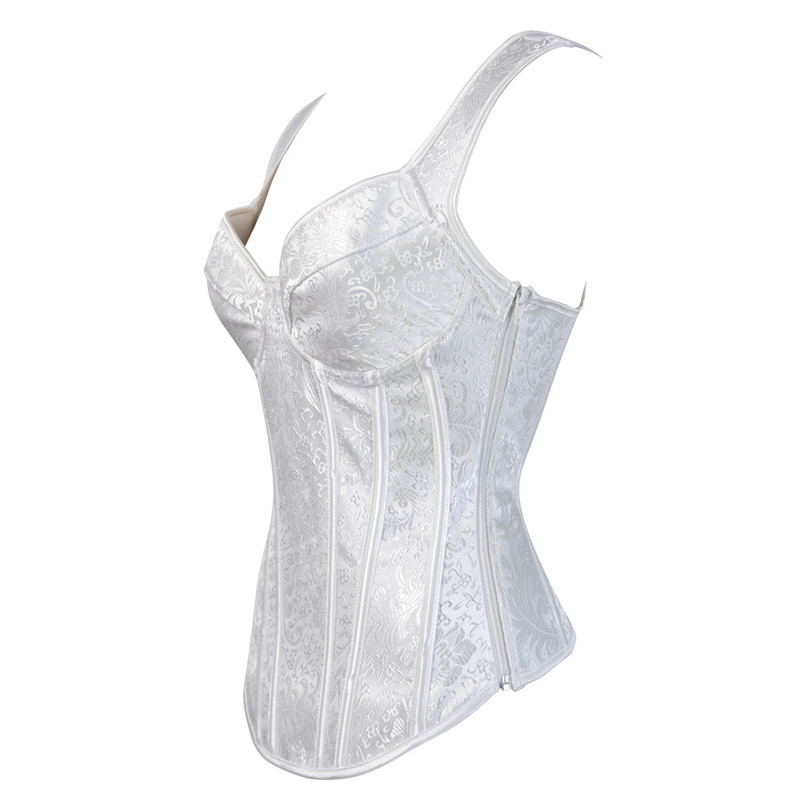 White steel boned lace-up corset with floral pattern, featuring adjustable straps and elegant steampunk design