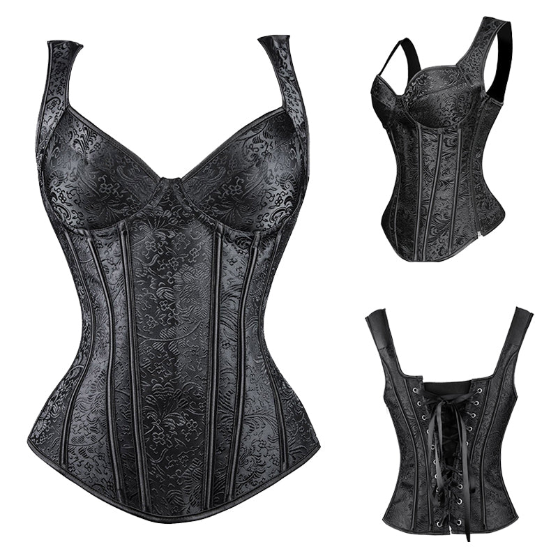 Steampunk steel boned lace-up back corset in gothic style, black faux leather, adjustable women's waist corset.