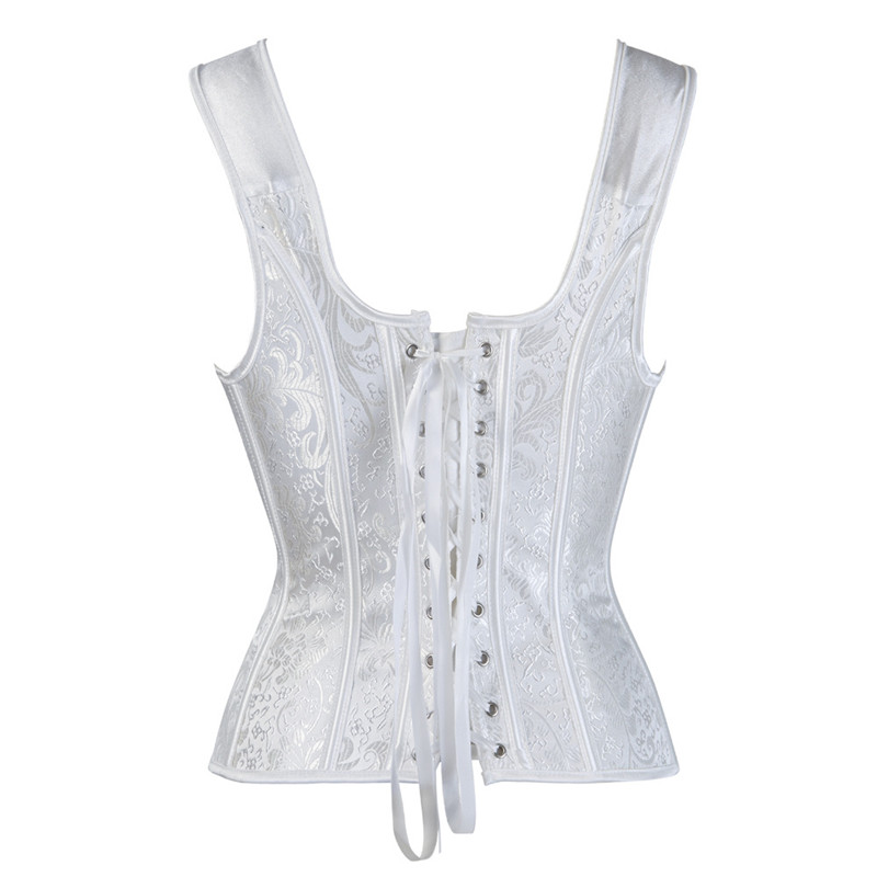 Women's white steampunk lace-up back corset, steel boned, faux leather, gothic style for waist training, with elegant pattern design.