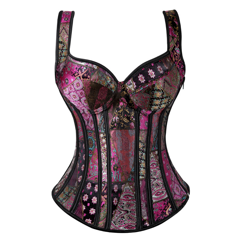 Steampunk steel boned corset with vibrant patchwork design and lace-up back for women, polyester faux leather finish.