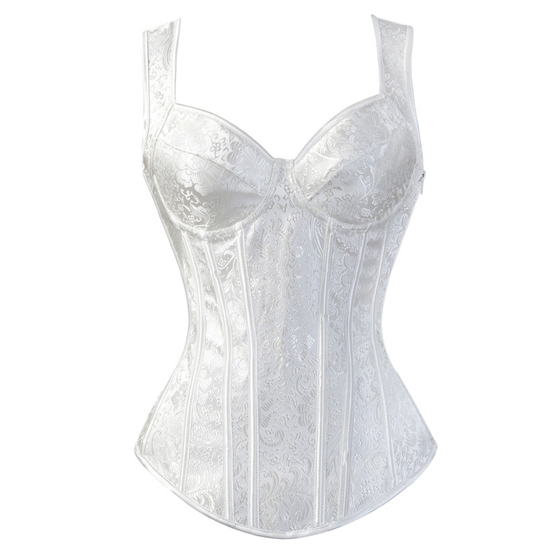 Steampunk steel boned lace-up corset in white, women's gothic style, polyester and faux leather, sexy waist corset.