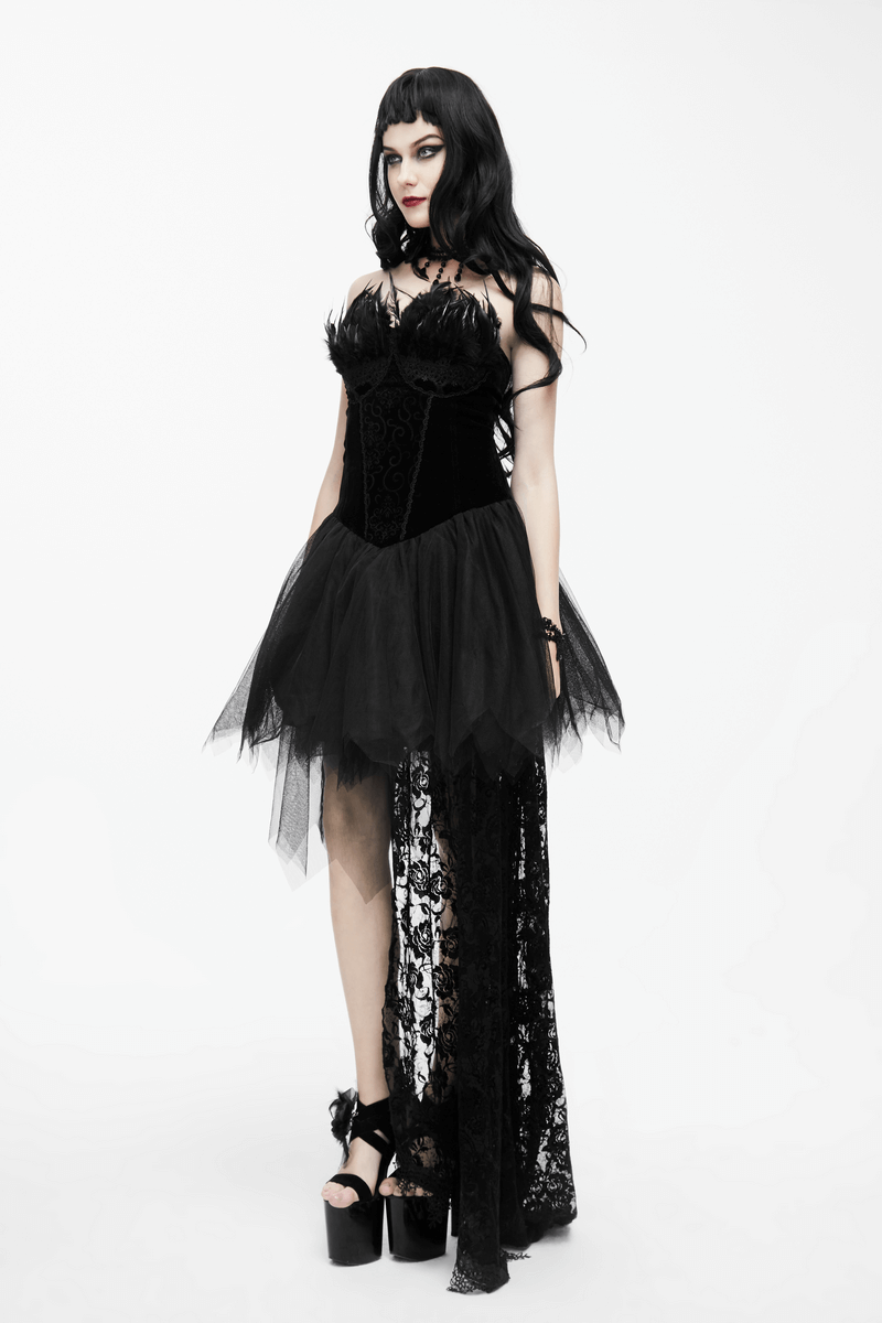 Gothic strapless black dress with lace train and feather details, perfect for steampunk fashion enthusiasts.