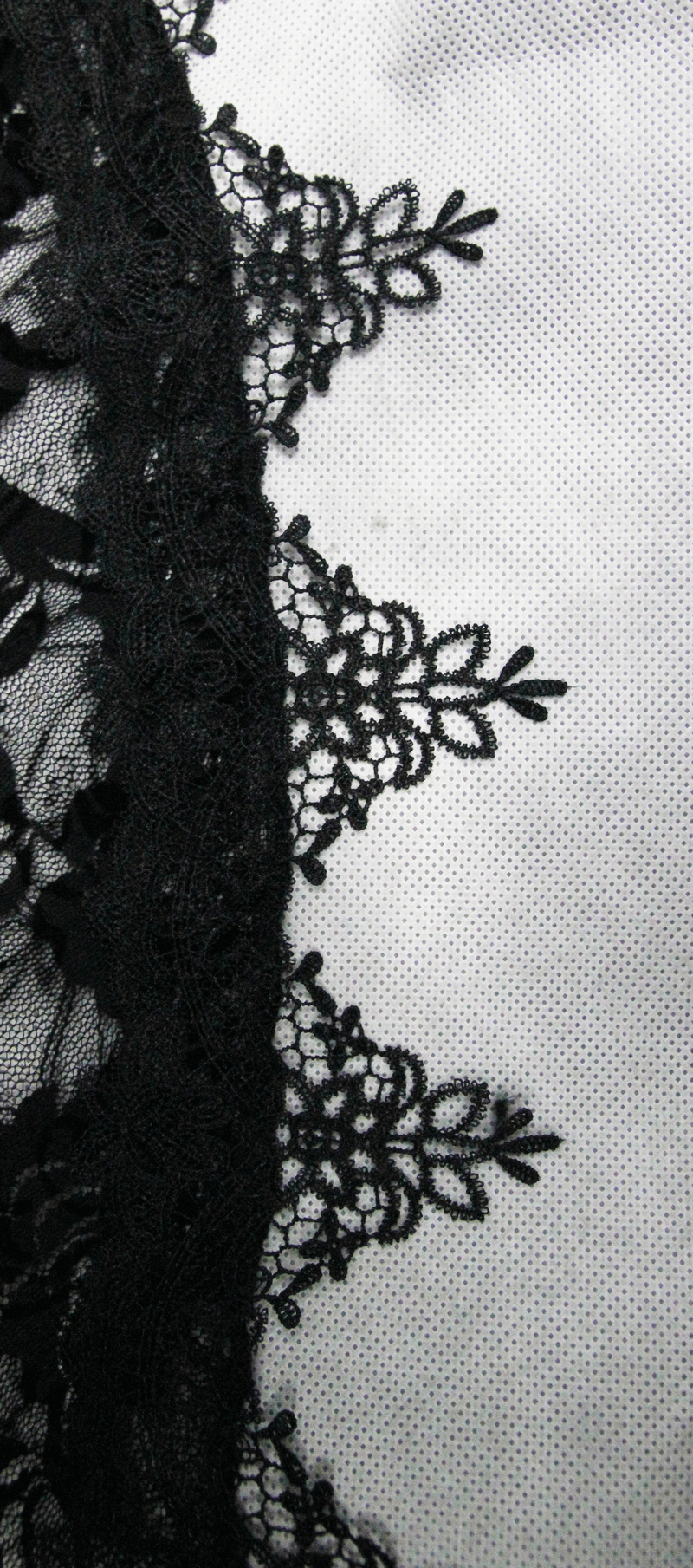 Close-up of delicate black lace trim, perfect for adding gothic elegance to dresses and steampunk outfits.