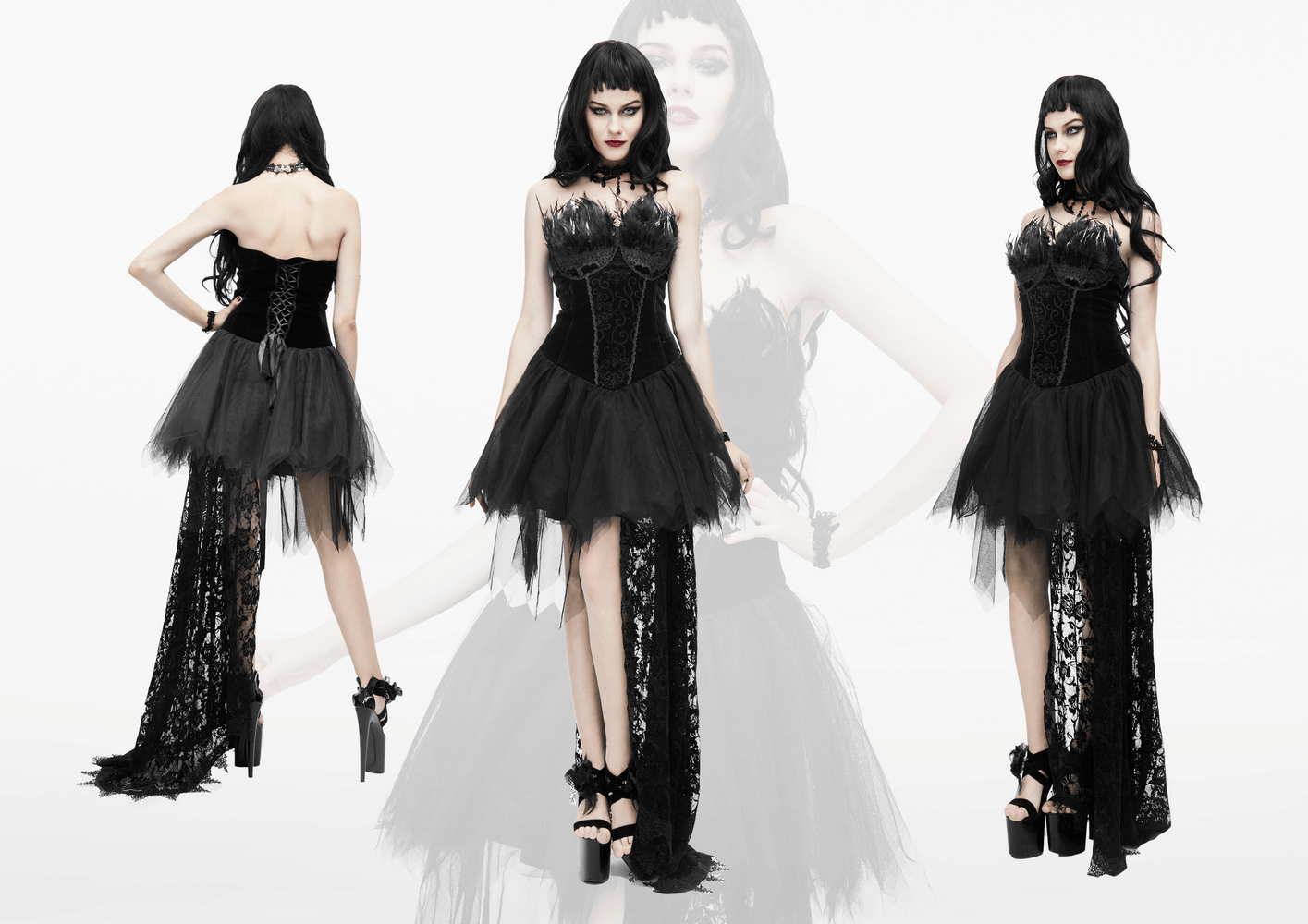 Gothic strapless black dress with lace train and feather accents, showcasing stylish steampunk design features.