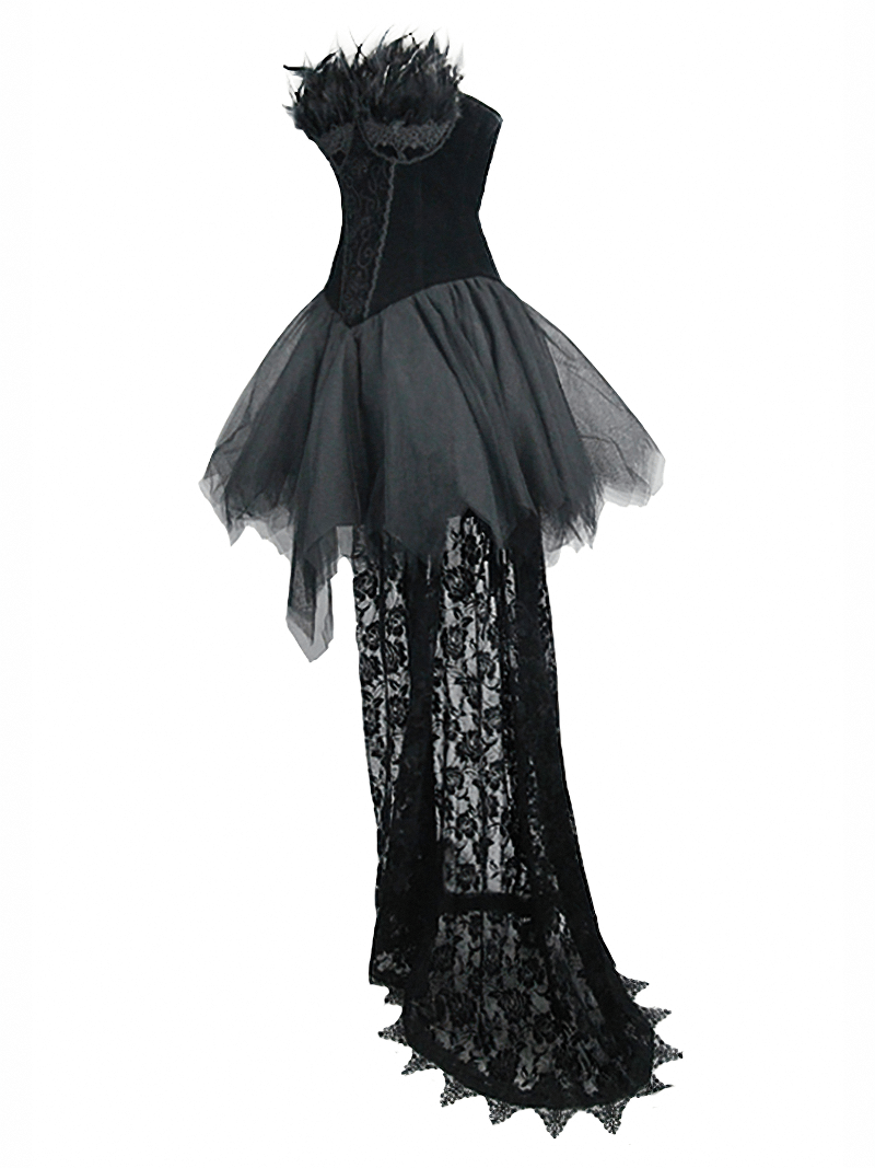 Steampunk Strapless Dress With Lace Train / Gothic Asymmetry Hem Dress with Feathers - HARD'N'HEAVY