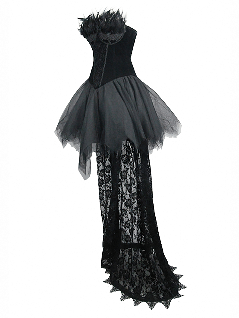 Strapless black dress with lace train and feather details, perfect for steampunk or gothic occasions.